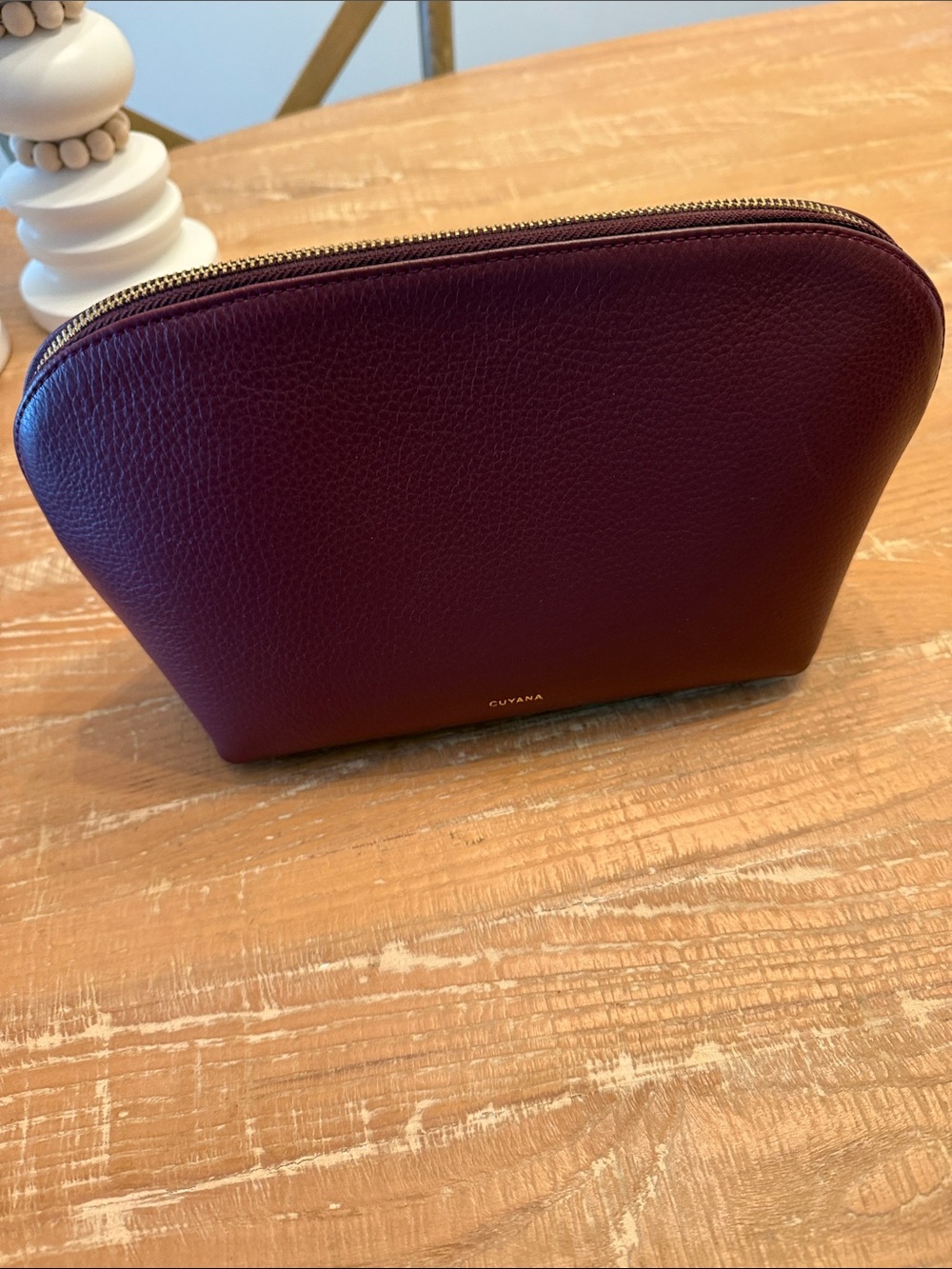 Cuyana Burgundy Pebbled Leather Zip Pouch with Gold Hardware